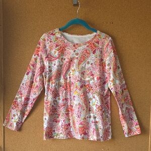 Talbots Women's Cotton Long Sleeve Paisley Top - Pink and Orange Size L Pitite